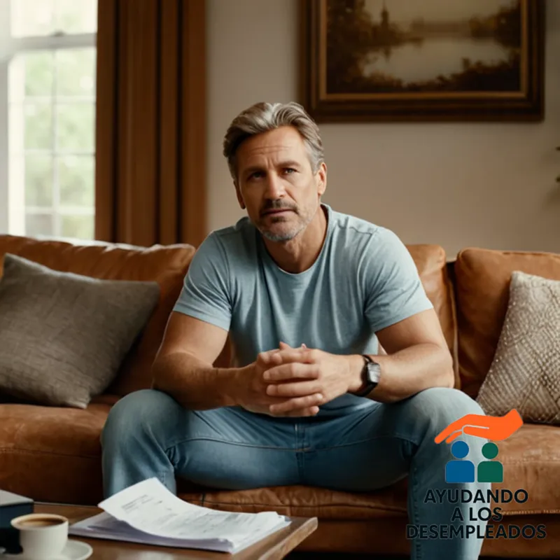 A middle-aged unemployed person, dressed in worn jeans and a faded t-shirt, sitting on a simple couch in a bright but humble living room, surrounded by paperwork and official documents spread out on a coffee table, with a few framed family photos on the walls, conveying a sense of uncertainty and resilience.
