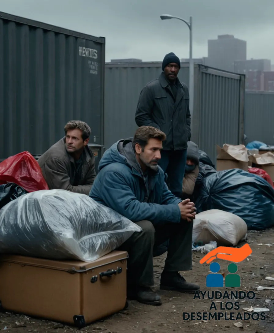 a poignant scene of homeless individuals gathered around a makeshift shelter, surrounded by trash bags, cardboard boxes, and worn-out suitcases, set against a gritty urban backdrop with a gray sky and flickering streetlights, emphasizing the desperation and uncertainty that comes with unemployment.