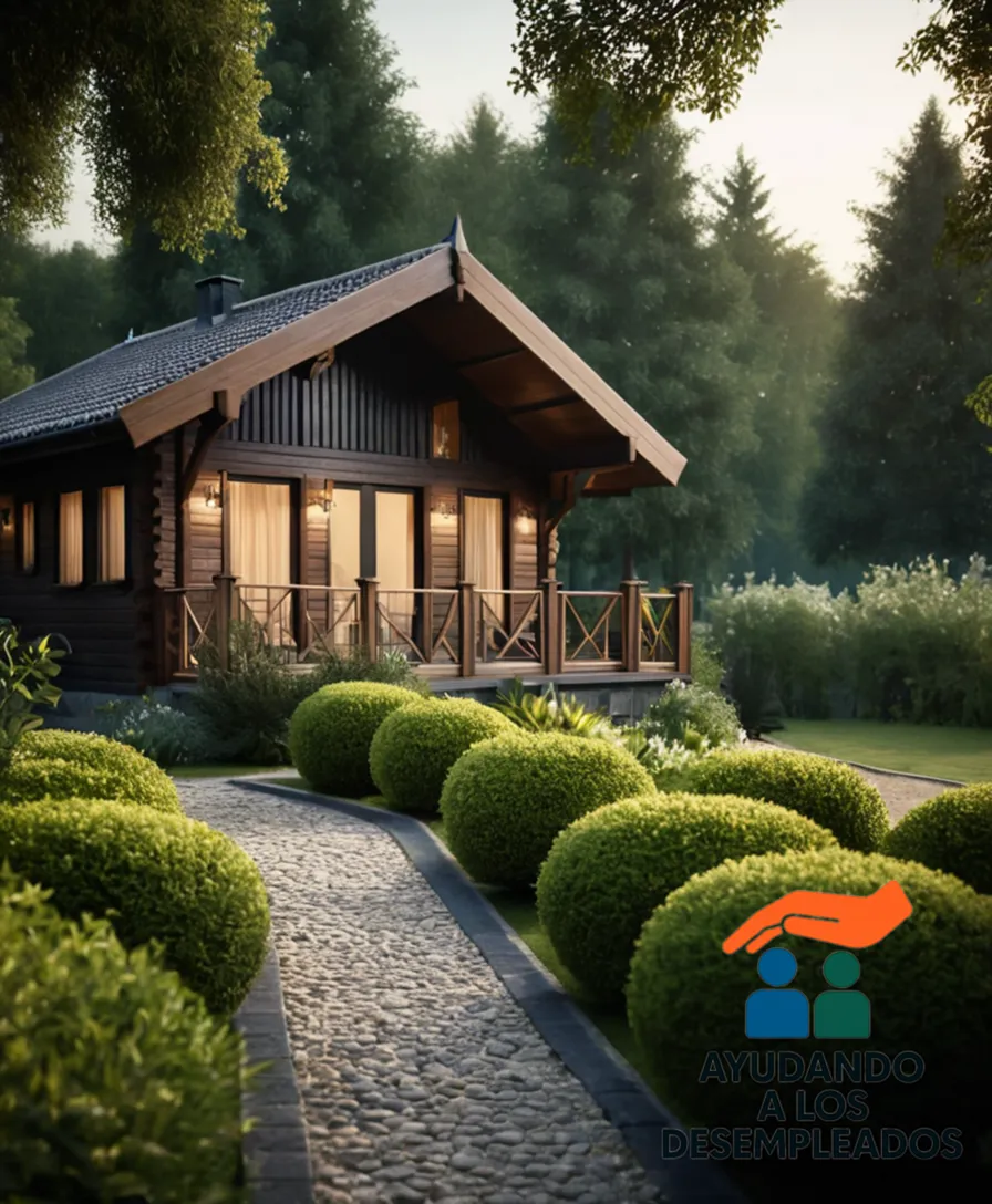 A modest single-story wooden cottage with a sloping roof and a garden, set amidst lush greenery, surrounded by tall trees and a winding path leading to its front door, painted in calming colors and adorned with simple furniture inside.