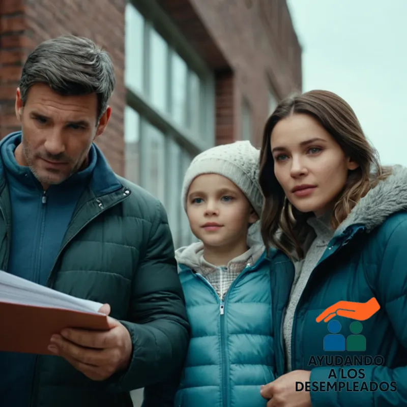 a group of three adults, dressed in worn casual clothing, standing in front of a worn government social services building, with one person holding a petition folder and another cradling their young child, amidst a drizzly city street with peeling brick walls reflecting the gray sky.