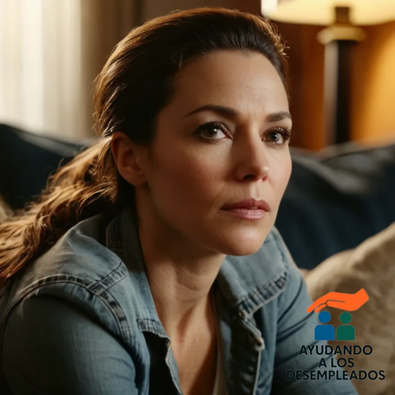 a serene yet troubled-looking woman in her mid-30s with worn jeans and a faded t-shirt, sitting on a worn-out couch in a small, dimly lit apartment, staring blankly at a stack of eviction notices and unpaid bills amidst the cluttered living space.