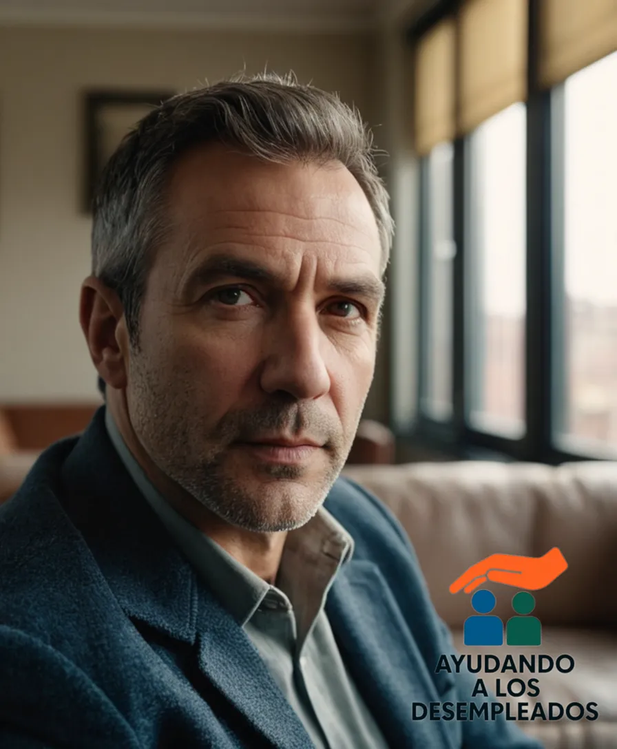 A worn, mid-adult man in his 40s with a concerned expression, sitting on a worn couch in a small, government-issued apartment living room, surrounded by institutional furniture and peeling paint, with a faded cityscape outside through a grimy window.