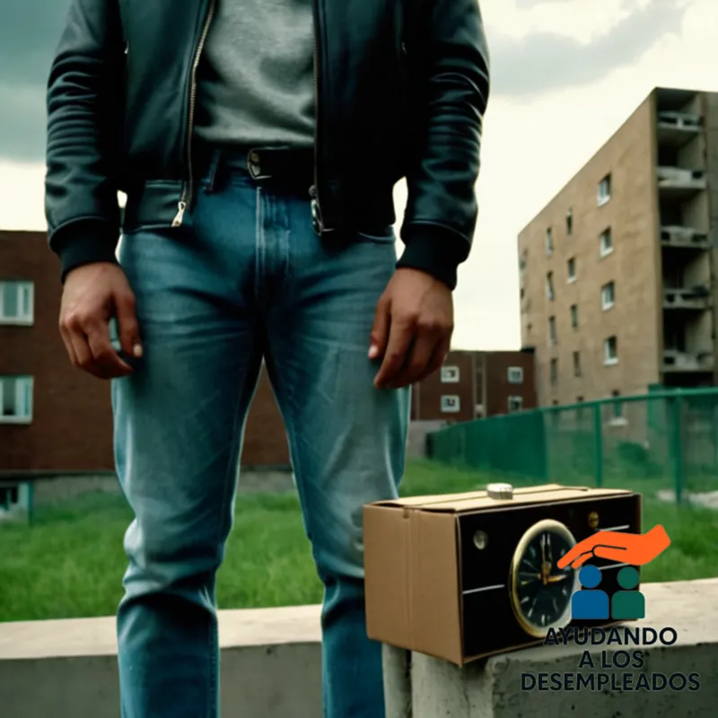 a worn-out cardboard box on the sidewalk, partially open to reveal meager belongings such as a battered alarm clock, a few shirts, and a pair of thrift-store jeans, surrounded by concrete walls of a public housing project and a gray city sky with dark clouds.